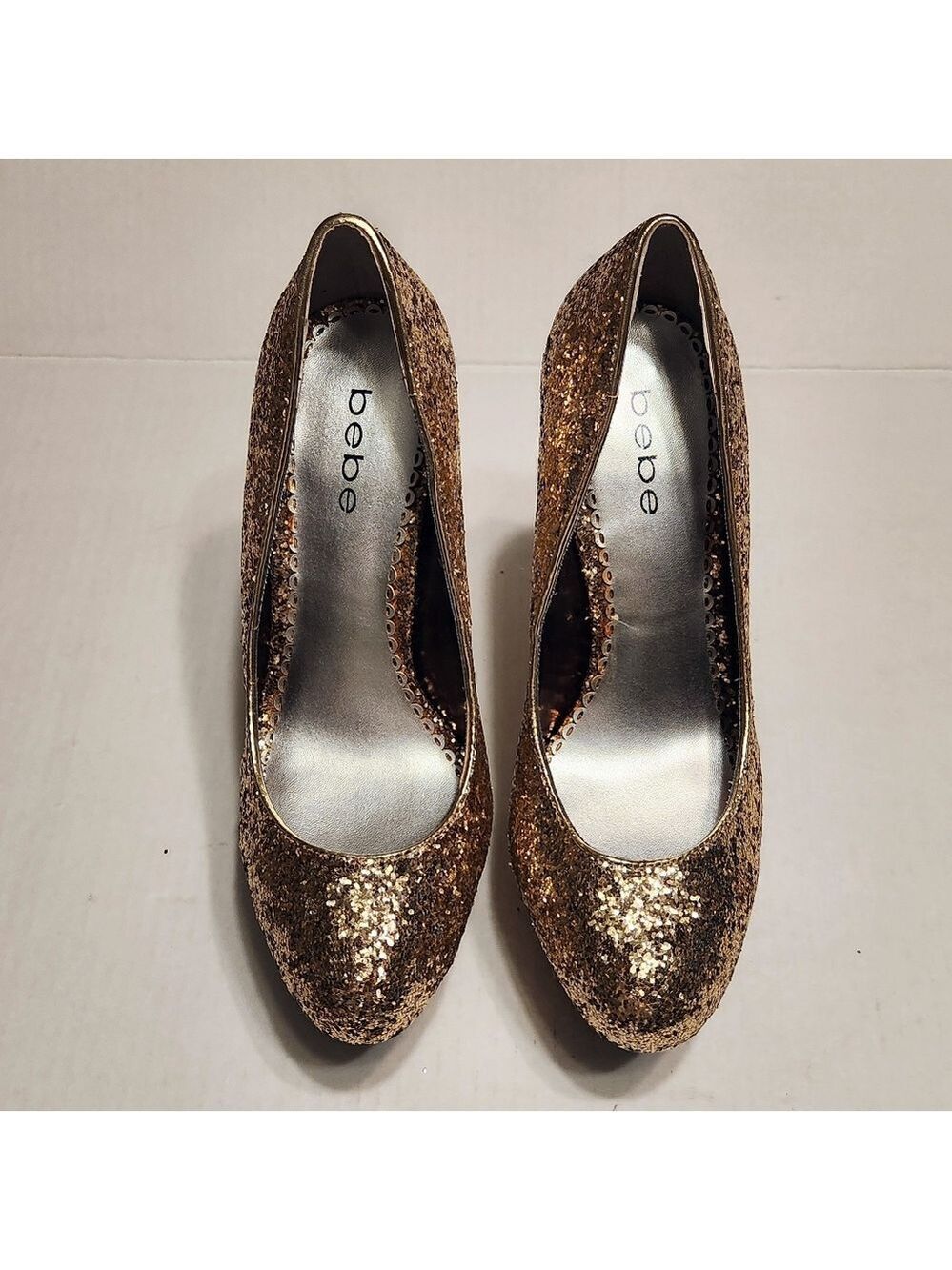 Bebe Gold Glitter Platform Stiletto Heel Pumps Size 8 - Picture 4 of 11